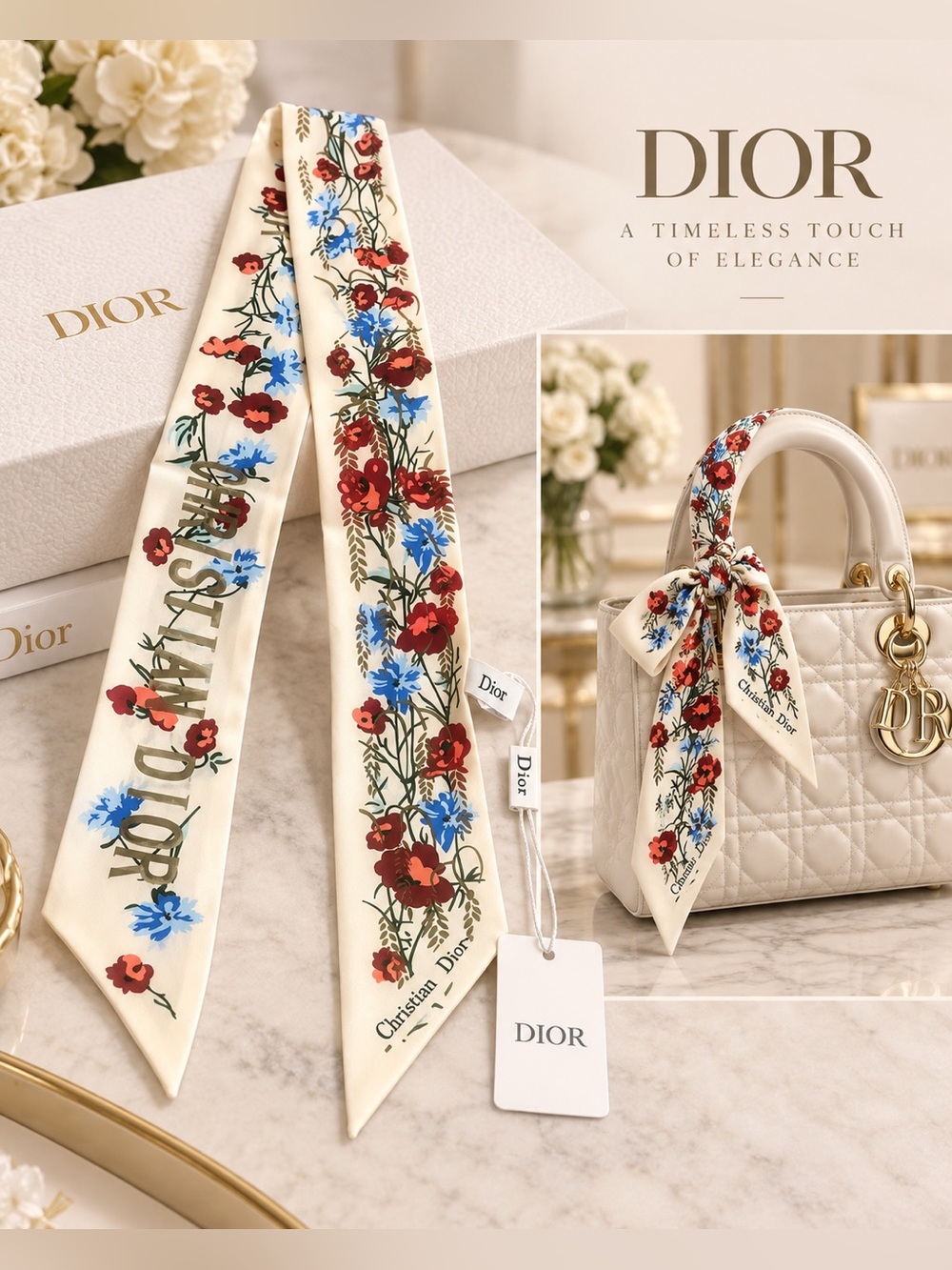 Floral Silk Twilly Scarf in Ivory, Red & Blue